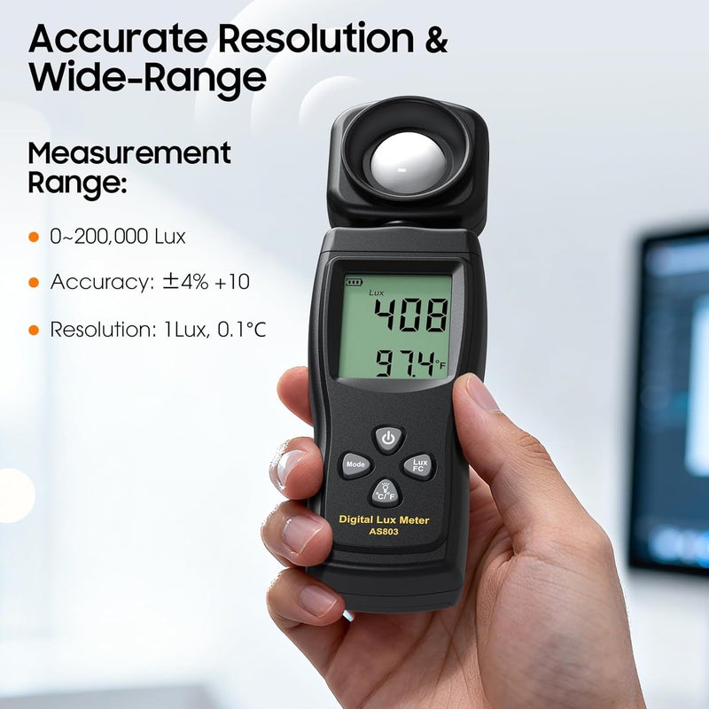 Ohcans Digital Illuminance Light Meter, 0~200,000 Lux Range with 180º Rotating Sensor Light Meter Foot Candles, Backlight LCD Display, Handheld Light Meter for Plants, Photography, Indoor, Film Camera - Image 3